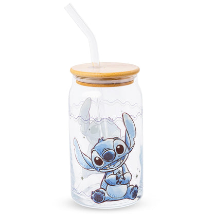 Silver Buffalo Disney Lilo and Stitch - Vaso de vidrio sentado con tapa de bambú y popote de vidrio, 16 onzas