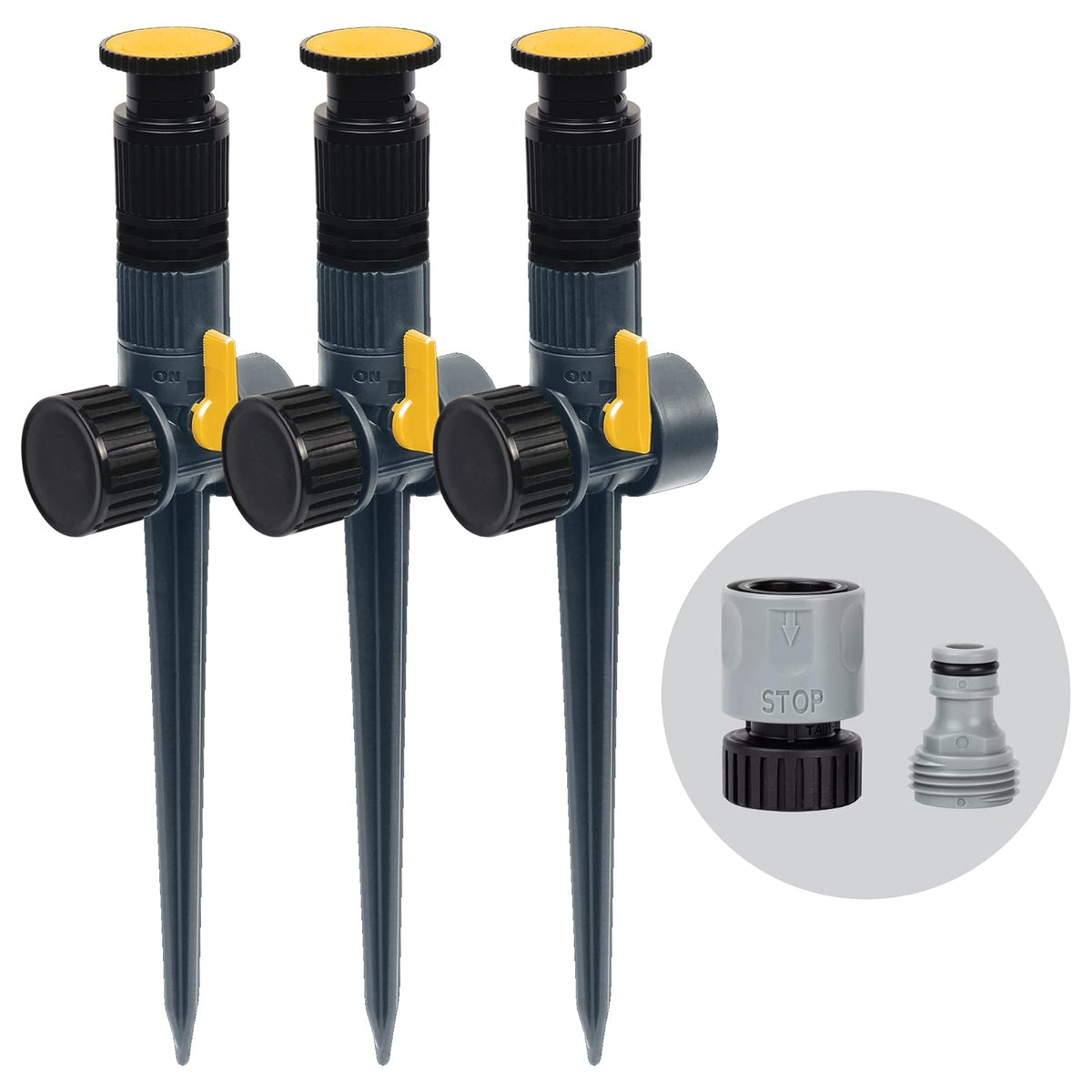 Melnor - Paquete de 3 Rociadores de Púas Multiajustables, Oscilantes, Negro, Gris, Amarillo