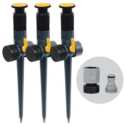 Melnor - Paquete de 3 Rociadores de Púas Multiajustables, Oscilantes, Negro, Gris, Amarillo