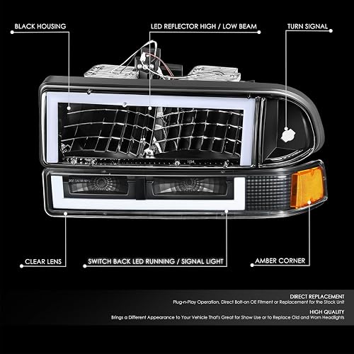 DNA MOTORING - Par de Faros Delanteros Transparentes/Reflector ámbar halógeno/LED compatibles con Blazer 1998-2004 / S10 1998-2004, HL-LB5-S10984P-BK-AM
