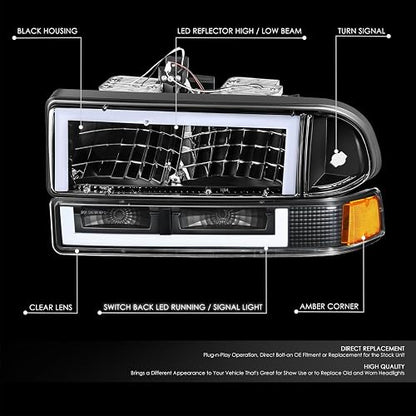 DNA MOTORING - Par de Faros Delanteros Transparentes/Reflector ámbar halógeno/LED compatibles con Blazer 1998-2004 / S10 1998-2004, HL-LB5-S10984P-BK-AM