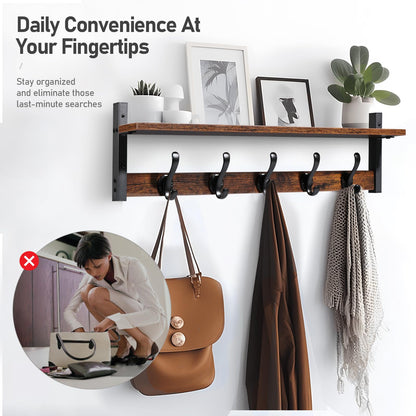 Tatub - Perchero rústico de 29 pulgadas con estante, ganchos de pared de entrada con estante, perchas para baño, sala de estar, recámara, color negro rústico