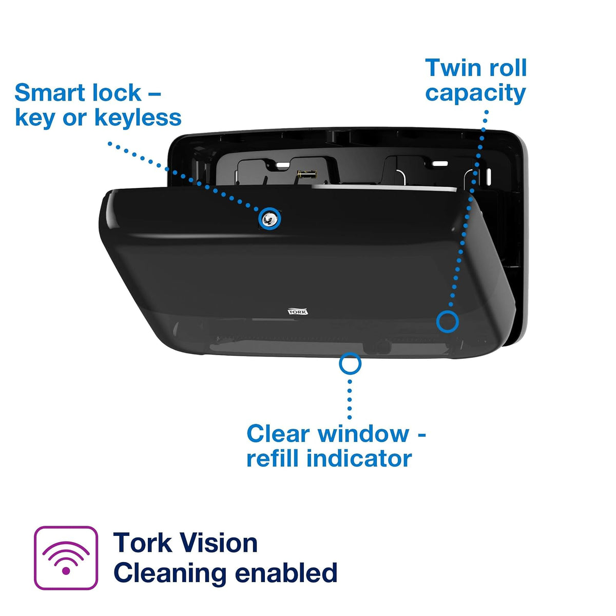 Tork individual Mini Jumbo - Dispensador de rollo de papel higiénico negro T2, protege los rollos, rango de elevación, 5555290