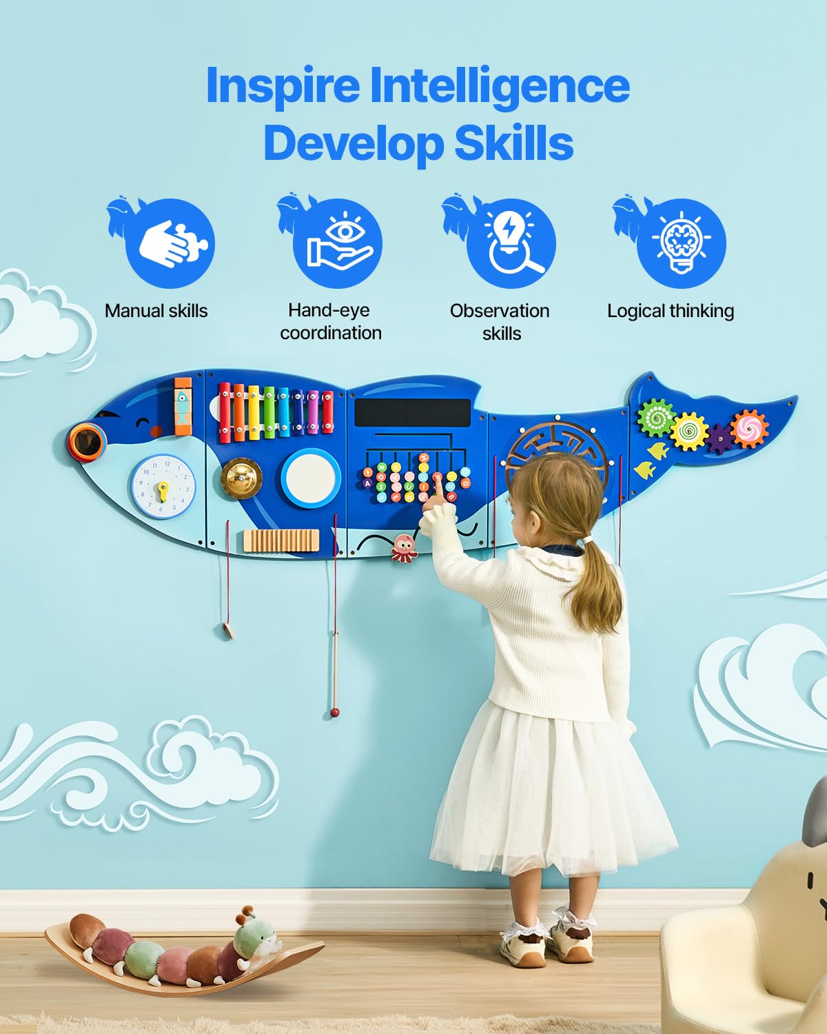 VEVOR Paneles de Actividades de Pared con Forma de Orca, 12 Actividades, Juguete Sensorial de Pared Montessori para Niños de 3 a 12 Años para Salas de Juegos Infantiles y Aulas de Guardería