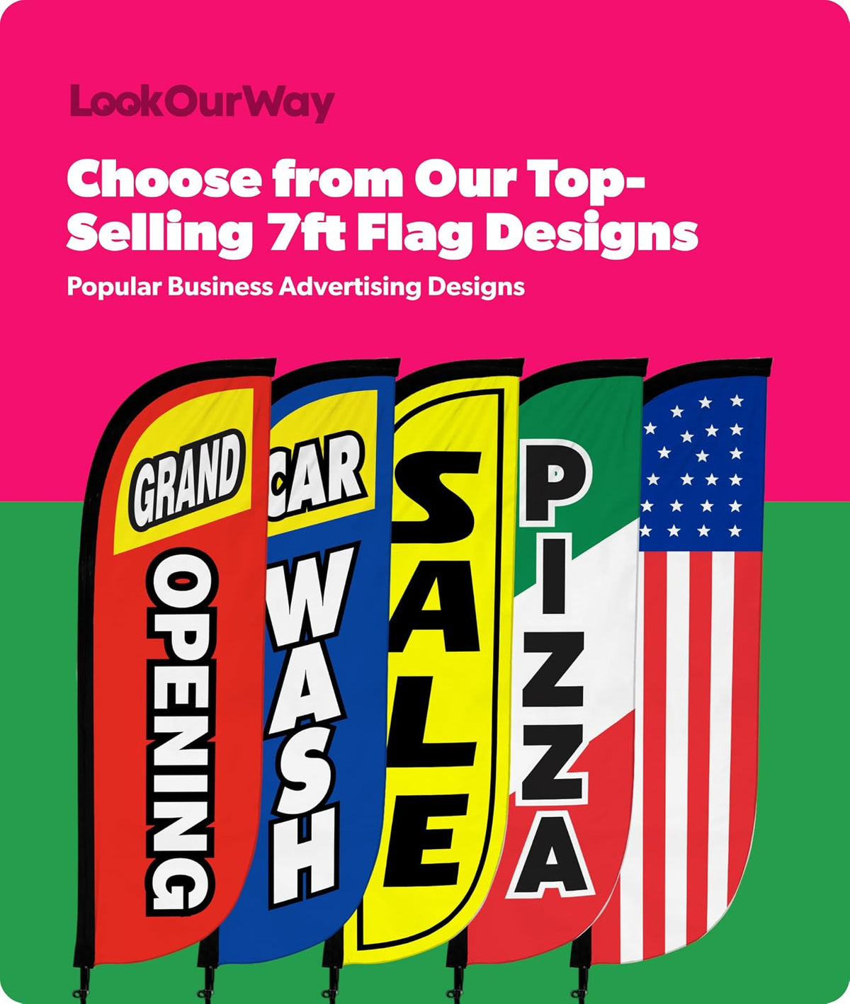 LookOurWay Bandera de Plumas con temática Abierta de 5 pies de Alto para Publicidad de Negocios, Juego Completo con Juego de 5 Postes de Fibra de Vidrio de Aluminio y Punta de Tierra