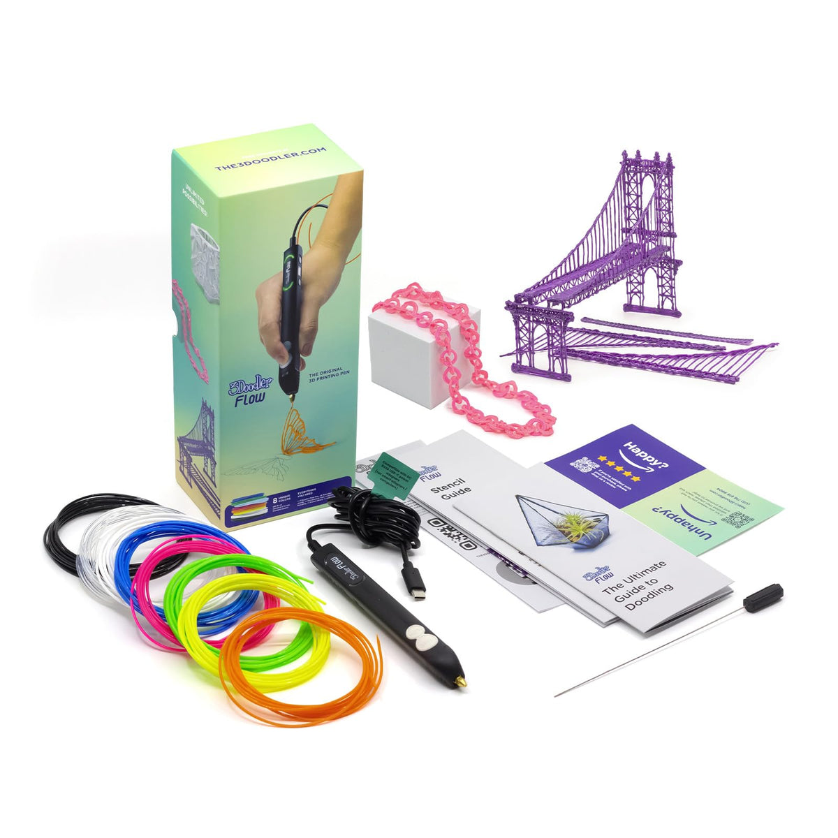 3Doodler Flow - Bolígrafo de impresión 3D para Adolescentes, Adultos y Creadores, Color Negro, con filamentos de Recarga, Libro de Plantillas y guía, 3.1 x 10.8 x 4.5 Pulgadas