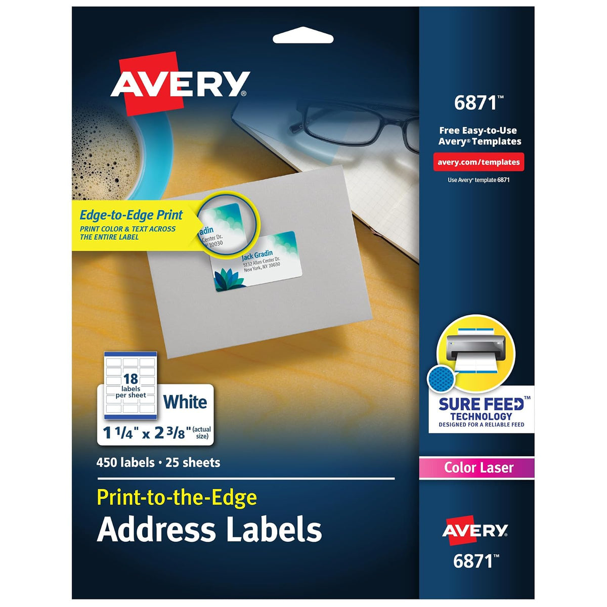 AVERY 6871 Etiquetas láser blancas para impresión a color, etiqueta 1-1/4 x 2-3/8, 450 por paquete - 1-1 - 4 x 2-3 - 8