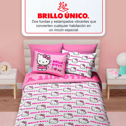 Providencia Edrecolcha Matrimonial 1.90 x 2.25 m con 2 Fundas para Almohada 70 x 50 cm. Hello Kitty. Mezcla Ideal Entre edredón y Colcha. Súper Suave, sin Calor. Lava fácil. Poliéster