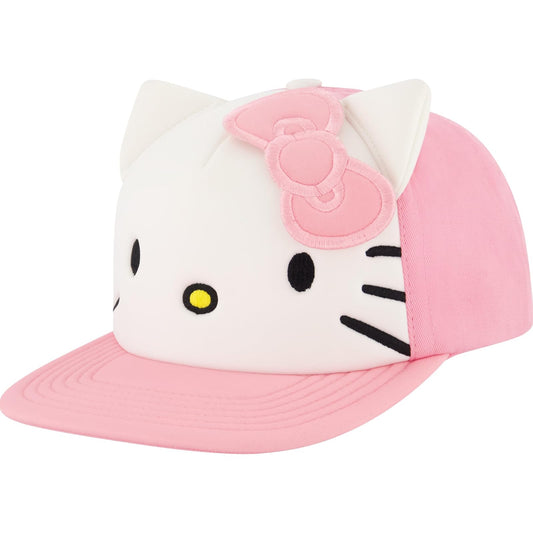 Hello Kitty Baseball Cap, Women's Snapback Hat with Flat Brim and 3D Ribbon and Ears