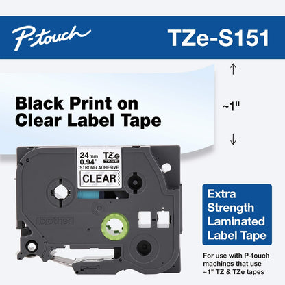 Brother Cinta Laminada Extra Adhesiva TZe-S151 para Etiquetas Duraderas | Texto Negro sobre Transparente, Alta Resistencia, Compatible con Rotuladoras P-Touch, 24 mm x 8 m, P-Touch