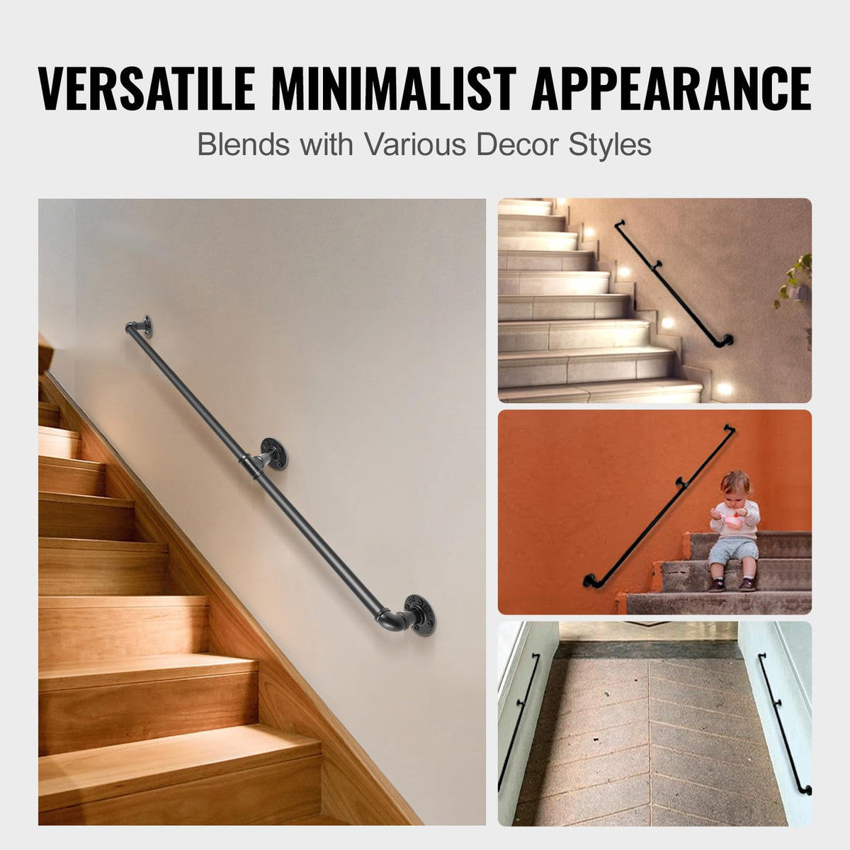 VEVOR - Pasamanos para escaleras de tubo, pasamanos para escaleras de 6 pies, capacidad de carga de 420 libras, pasamanos de tubería industrial con soporte de montaje en pared, barandillas de pared de