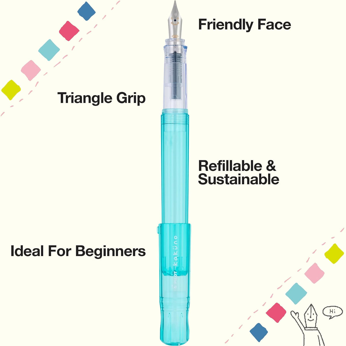 PILOT Pluma Fuente Kakuno, barril color aqua traslúcido, punto mediano, estuche con una pieza