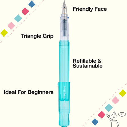 PILOT Pluma Fuente Kakuno, barril color aqua traslúcido, punto mediano, estuche con una pieza