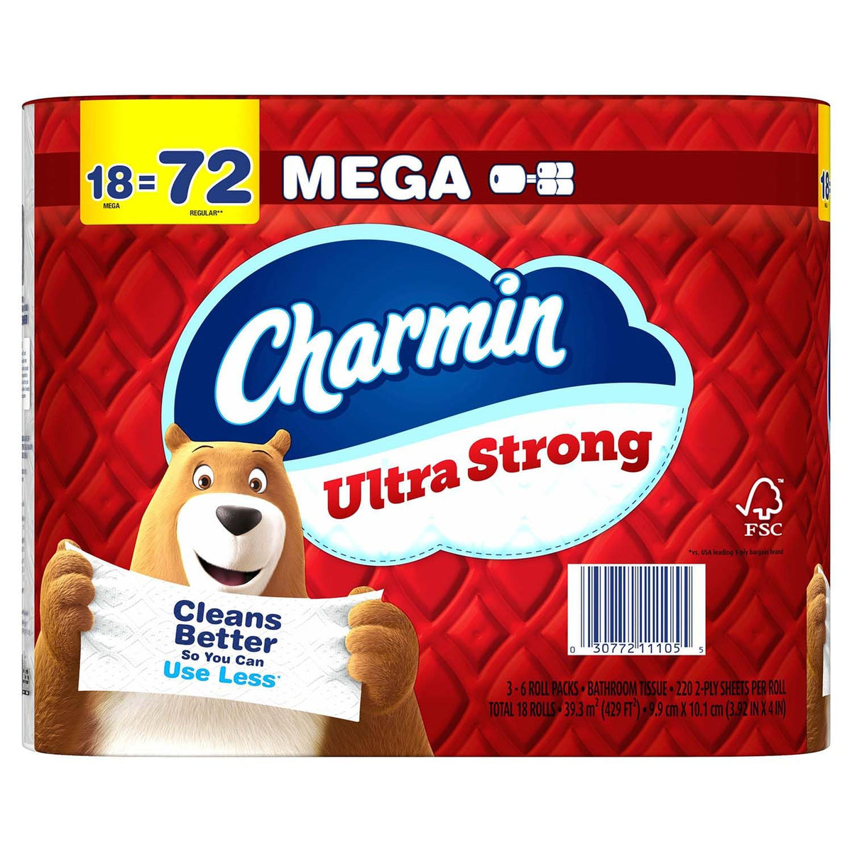 Charmin - Ultra Strong Papel Higiénico, 18 Mega Rollos, 220 Hojas por Rollo, Extra Fuerte y Duradero, No Atascable, Apto para Fosas Sépticas