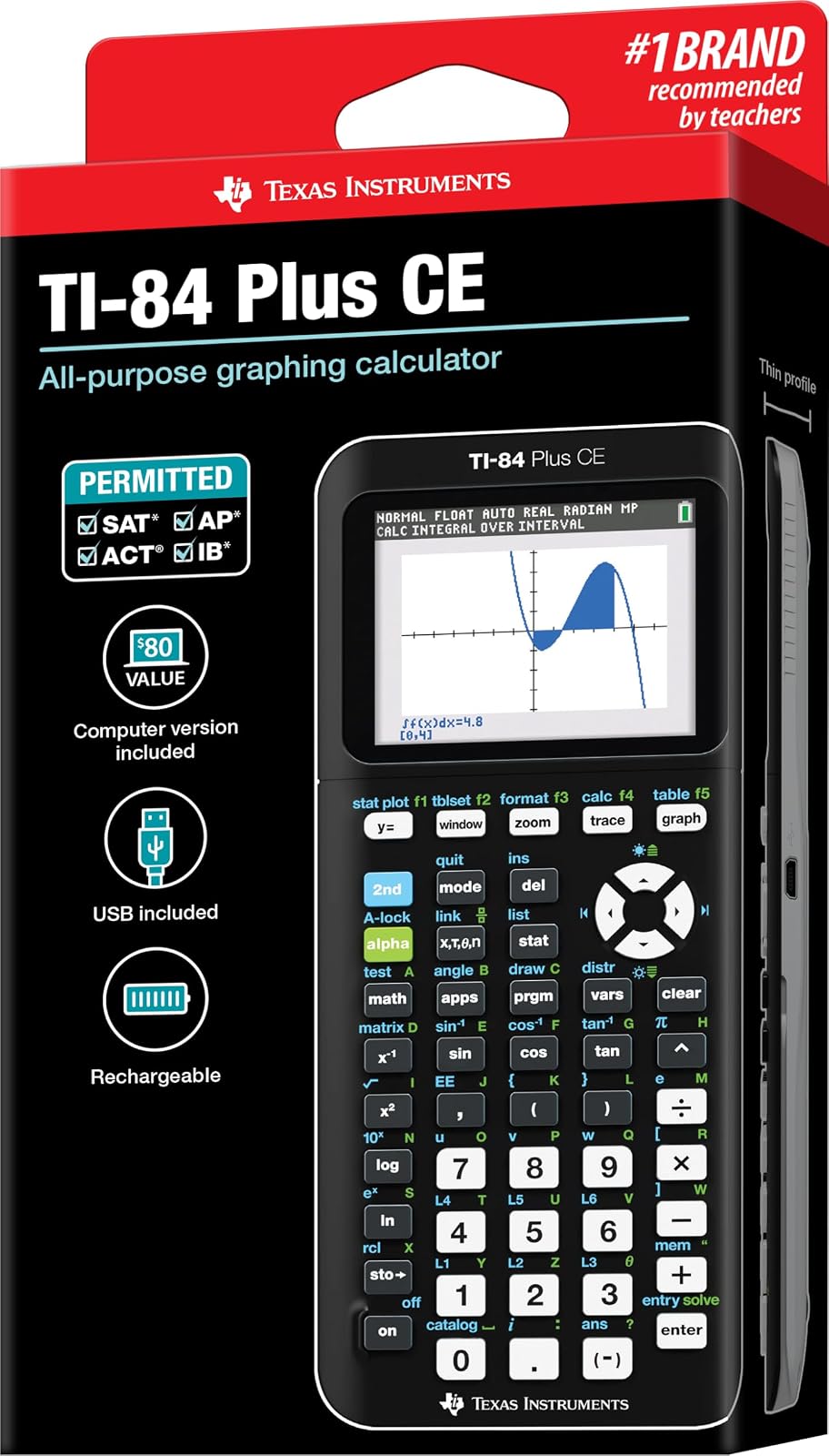Texas Instruments - Calculadora Gráfica A Color Ti-84 Plus Ce, Negra, 7.5 Pulgadas