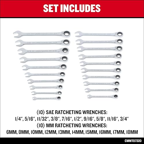 CRAFTSMAN CMMT87220 Juego de llaves combinadas de carraca, SAE/métrico (20 piezas)