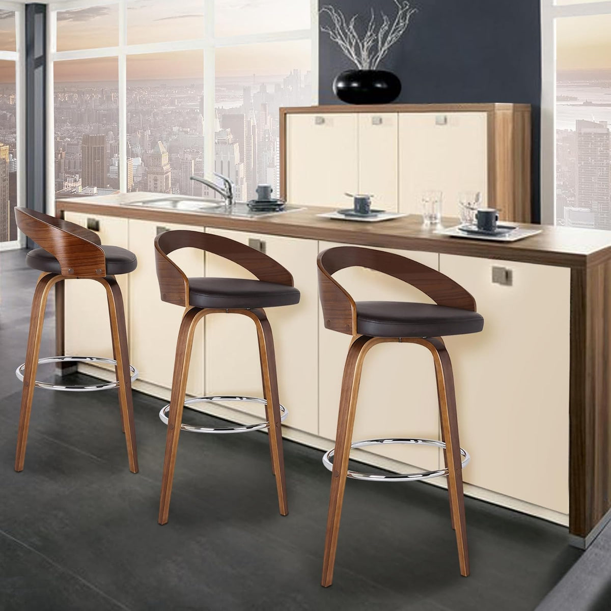 Armen Living Sonia 26" Counter Height Swivel Brown Faux Leather and Walnut Wood Bar Stool