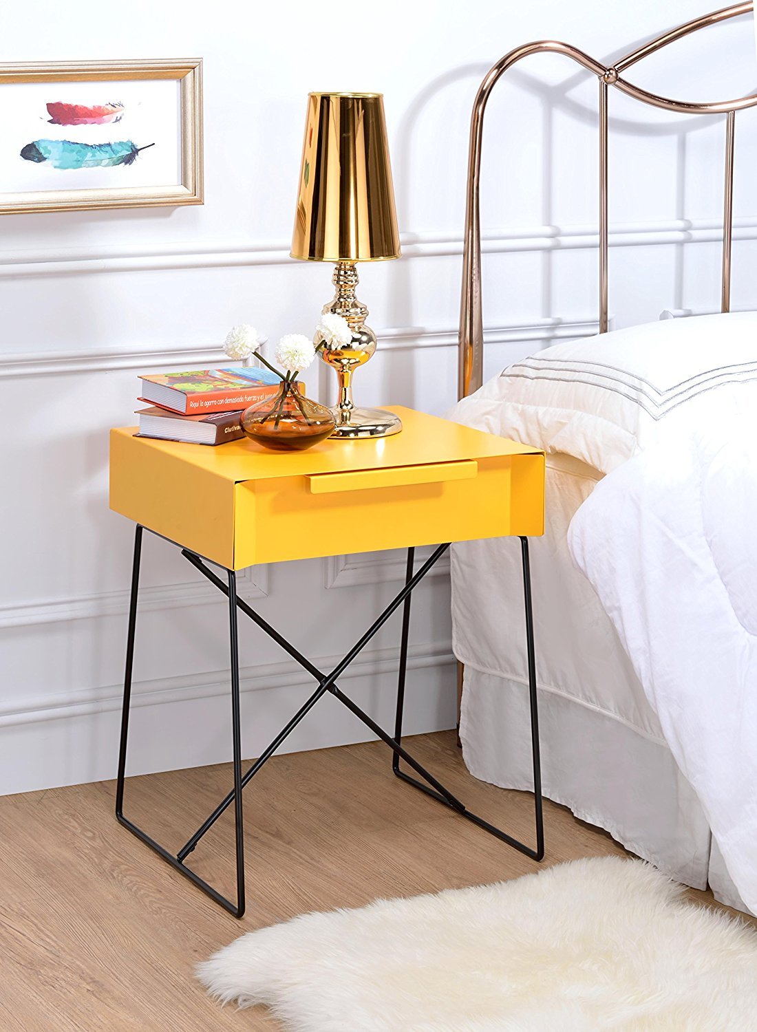 Major-Q Mesa Auxiliar Estilo Retro con Base de Metal para recámara/Sala de Estar/Sala de Juegos, Amarillo Acabado 18 x 15 x 22