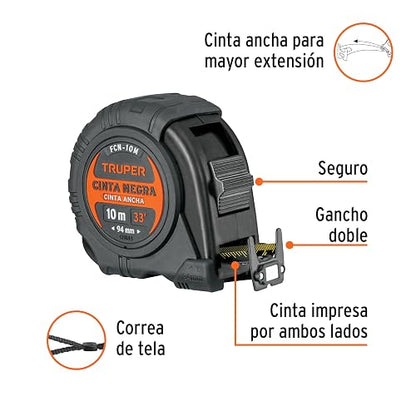 Truper FCN-10M, Flexómetro contra impactos 10 m Cinta Negra 32 mm