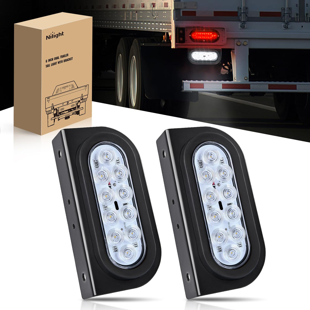 Nilight TR-126 Paquete de 2 Luces Traseras Ovaladas de 6 Pulgadas para Remolque con Ojales, Rojas, IP67 - 2 luces de remolque blancas y soportes - Luces de remolque