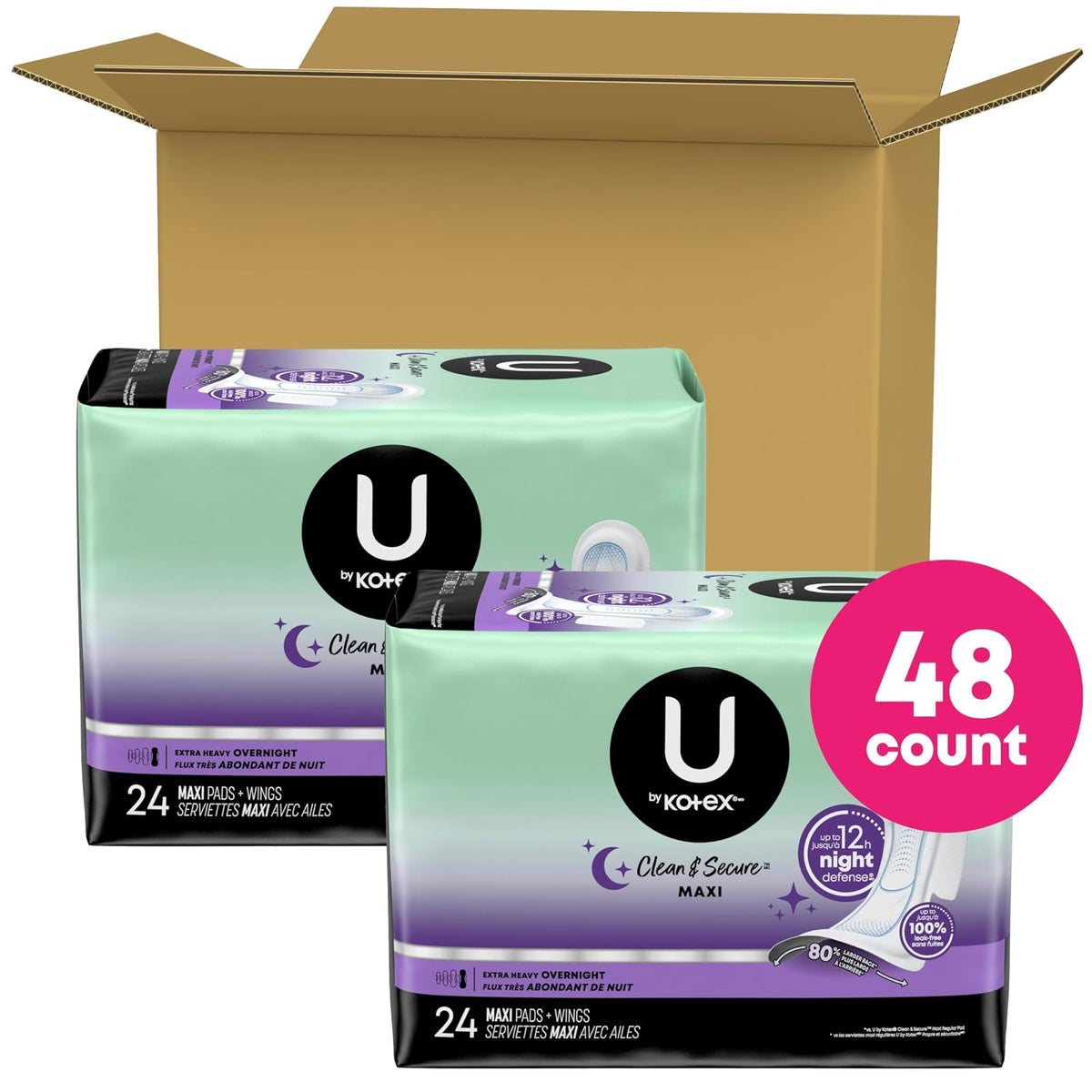 U by Kotex Compresas femeninas de seguridad con alas, absorción extra pesada, sin perfume, 48 unidades (2 paquetes de 24) (el embalaje puede variar)