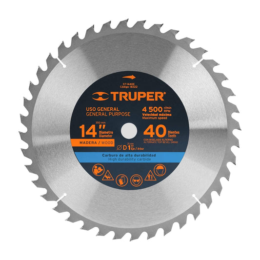 Truper ST-1440E, Disco sierra p/madera 14", 40 dientes, centro 1"
