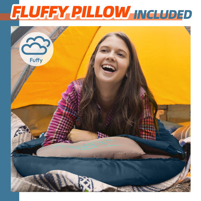 MEREZA - Saco de Dormir de Invierno de 0 Grados para Adultos y niños con Almohada, Saco de Dormir para Clima frío para 4 Estaciones, Camping, Senderismo, mochilero, Sacos de Dormir para Grandes y