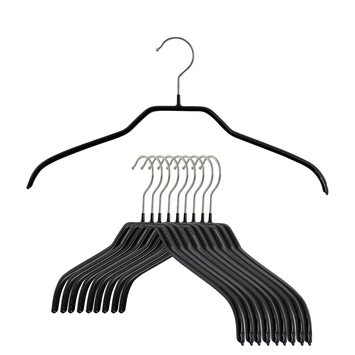MAWA - Perchas estrechas pequeñas para Ropa de Acero con Revestimiento Antideslizante, para Camisas, Vestidos, Trajes, Camisolas, Chaquetas, Gancho Giratorio de 360 Grados, Juego de 10, Color Negro