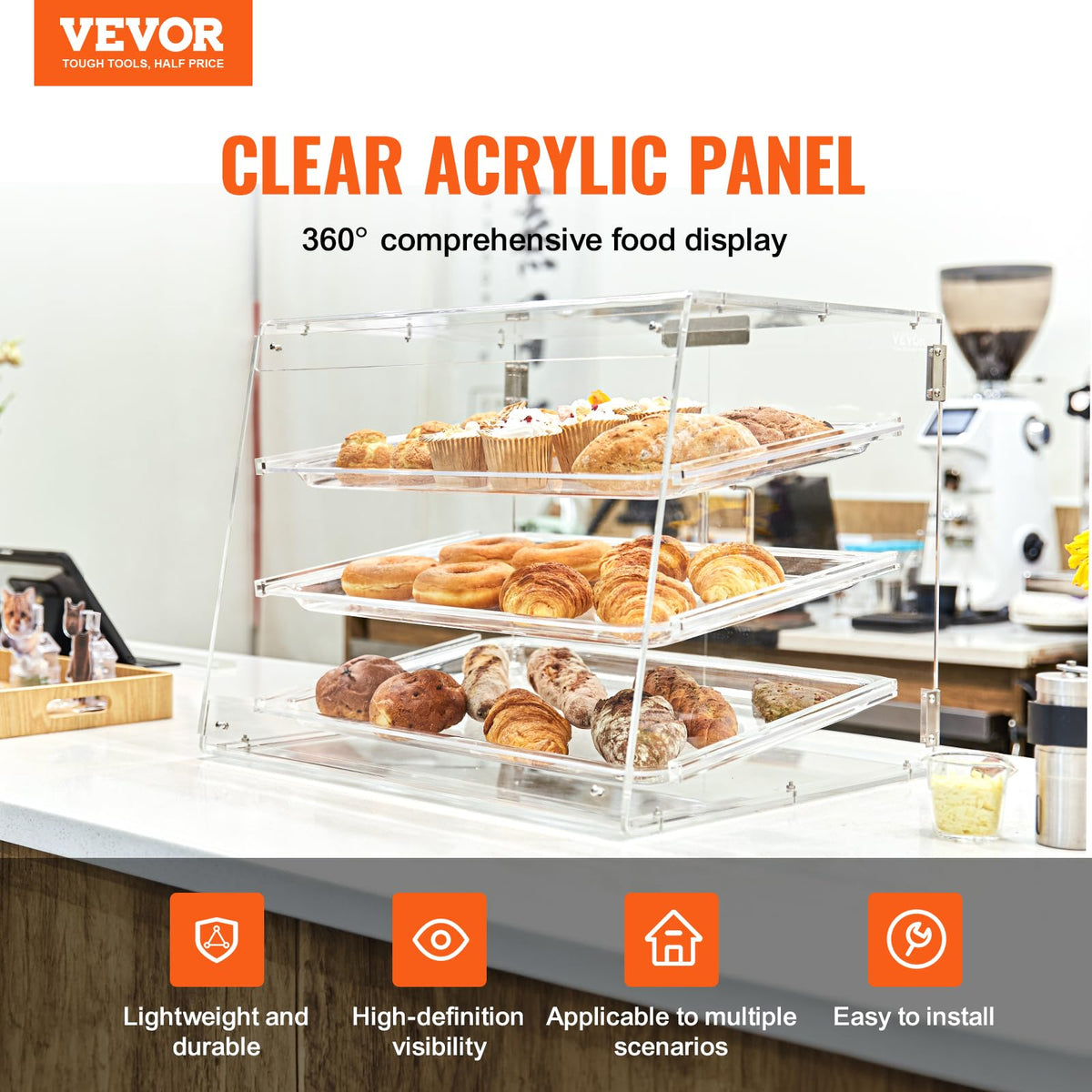 VEVOR - Vitrina de repostería, 3 niveles, vitrina comercial de panadería, caja de exhibición de acrílico con acceso a la puerta trasera y estantes extraíbles, mantiene fresco para rosquillas, galletas