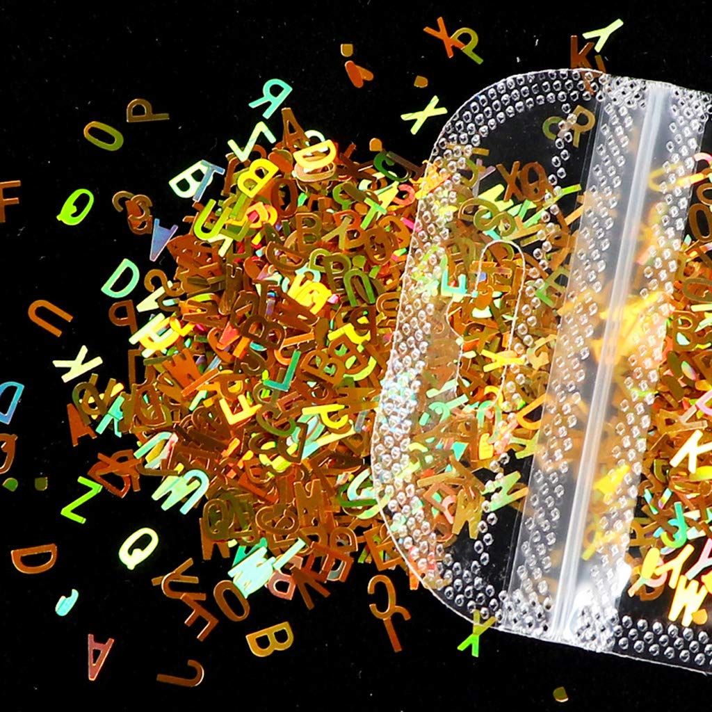HELYZQ 5 Colores Alfabeto Letras holográficas Brillo Grueso Resina epoxi Lentejuelas 2g por