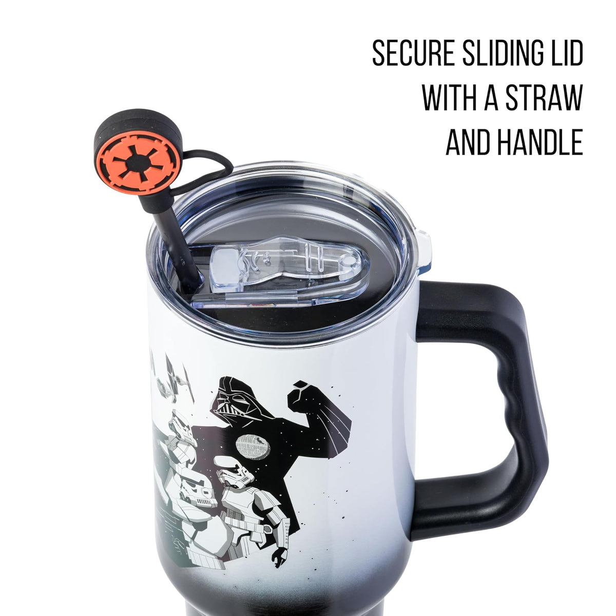 Silver Buffalo Star Wars Hip Street Dark Side Vader - Vaso de acero inoxidable con tapa para popote, tapa, popote y asa, 40 onzas