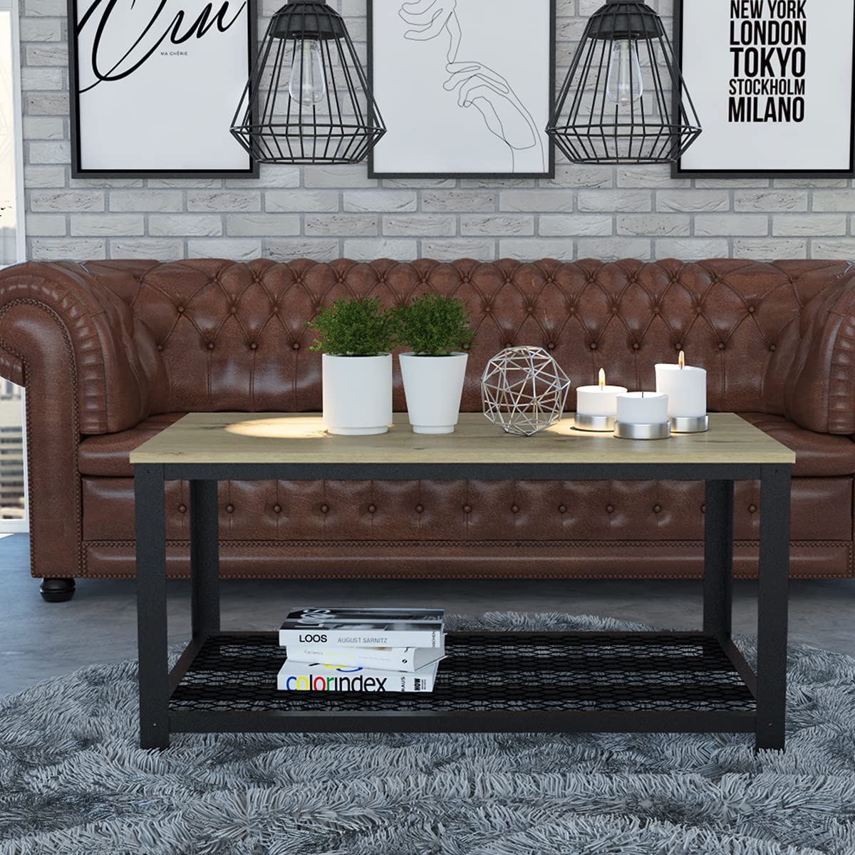 Deco Home KLIK Mesa de Centro ferrato armable, Color Duna, Dimensiones 95 Largo X 49 Ancho X 46 Alto cm, Estilo contemporáneo, con Rejilla Inferior y Estructura metálica
