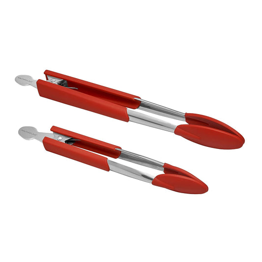 Rachael Ray Lil' Huggers - Pinzas de cocina con bloqueo perezoso para lavaplatos, herramientas para servir ensaladas, multiusos, 2 piezas, rojo
