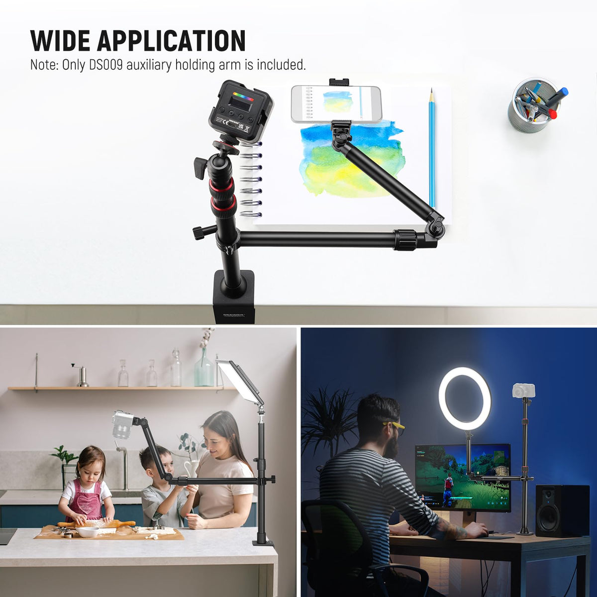 NEEWER Brazo de Cámara Superior con Clip del Teléfono, 22"/ 56cm 180° y 360° 2 Brazo de Sujeción Flexible para Soporte Escritorio, 5.5lb/2.5kg Carga Máx para Cámara LED Anillo Luz Micrófono, DS009