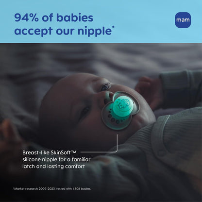 MAM - Chupones nocturnos originales para 6-16 meses, silicona sin BPA, brilla en la oscuridad, lo mejor para bebés recién nacidos, desarrollado con expertos médicos, 2 unidades, con estuche
