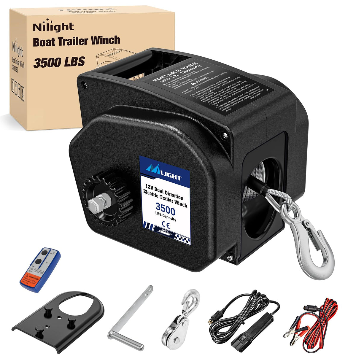 Nilight - Cabrestante eléctrico portátil de 3500 libras, cabrestante marino de 12 V DC con control remoto y manivela de mano con funcionamiento de rueda última intervensión, impermeable, reversible