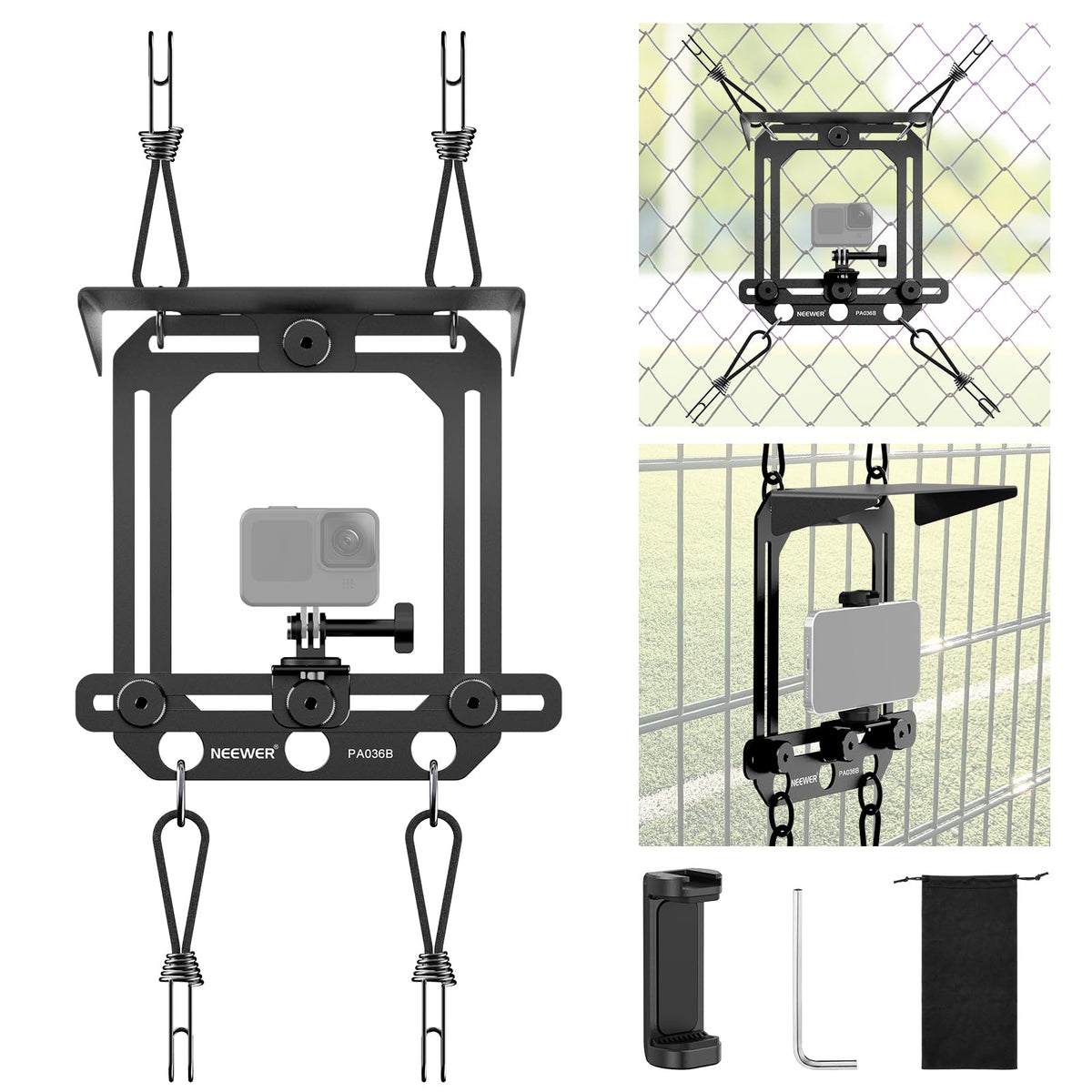 NEEWER Montaje Valla con Parasol Compatible con iPhone Mevo Camera GoPro Insta360 dji Pocket Radar Game Changer App, Kit Montaje Metal & Soporte Teléfono para Grabar Vídeos Béisbol Streaming, PA036B