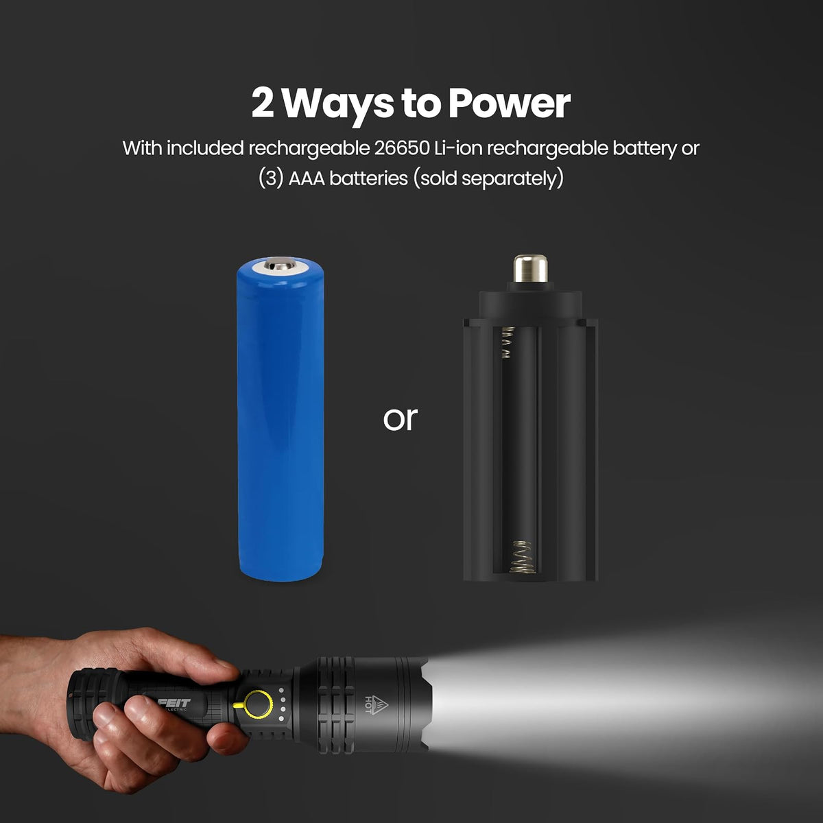 Feit - Linterna eléctrica de alimentación flexible, 2500 lúmenes, recargable y compatible con baterías AA, aluminio de grado aeronáutico, carga rápida USB-C, bisel de rotura de vidrio de emergencia