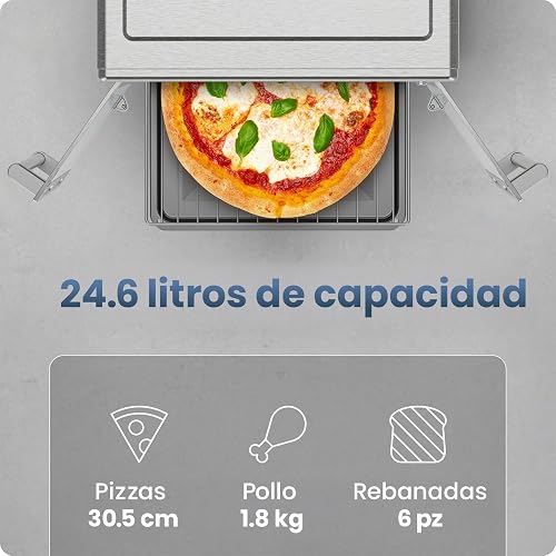 Horno tostador con freidora de aire Chefman de dos puertas, 10 en 1: freidora de aire, horno, asador, cocción lenta, 24 litros, capacidad para pizza de 30 cm o pollo de 1.8 kg. Acero inoxidable.