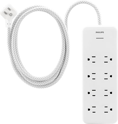 Philips EZFit - Tira de alimentación con Protector de sobretensiones de 8 Tomas, Cable de extensión Trenzado de 8 pies, Tomas ampliamente espaciadas, 2160 Julios, Enchufe Plano, para hogar, Oficina,