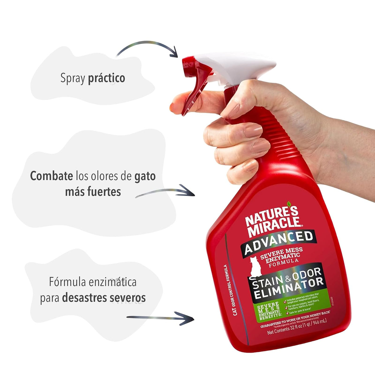 Nature's Miracle - Advanced removedor de Manchas y olores para Gato, Spray para Suciedad severa, fórmula enzimática, 32 oz