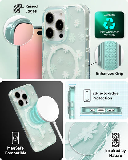 ZAGG Milan Snap - Funda para iPhone 16 Pro, diseño Floral Blanco sobre Base Verde Transparente, Compatible con MagSafe y Carga inalámbrica, protección contra caídas de 14 pies, ecológico, Reforzado