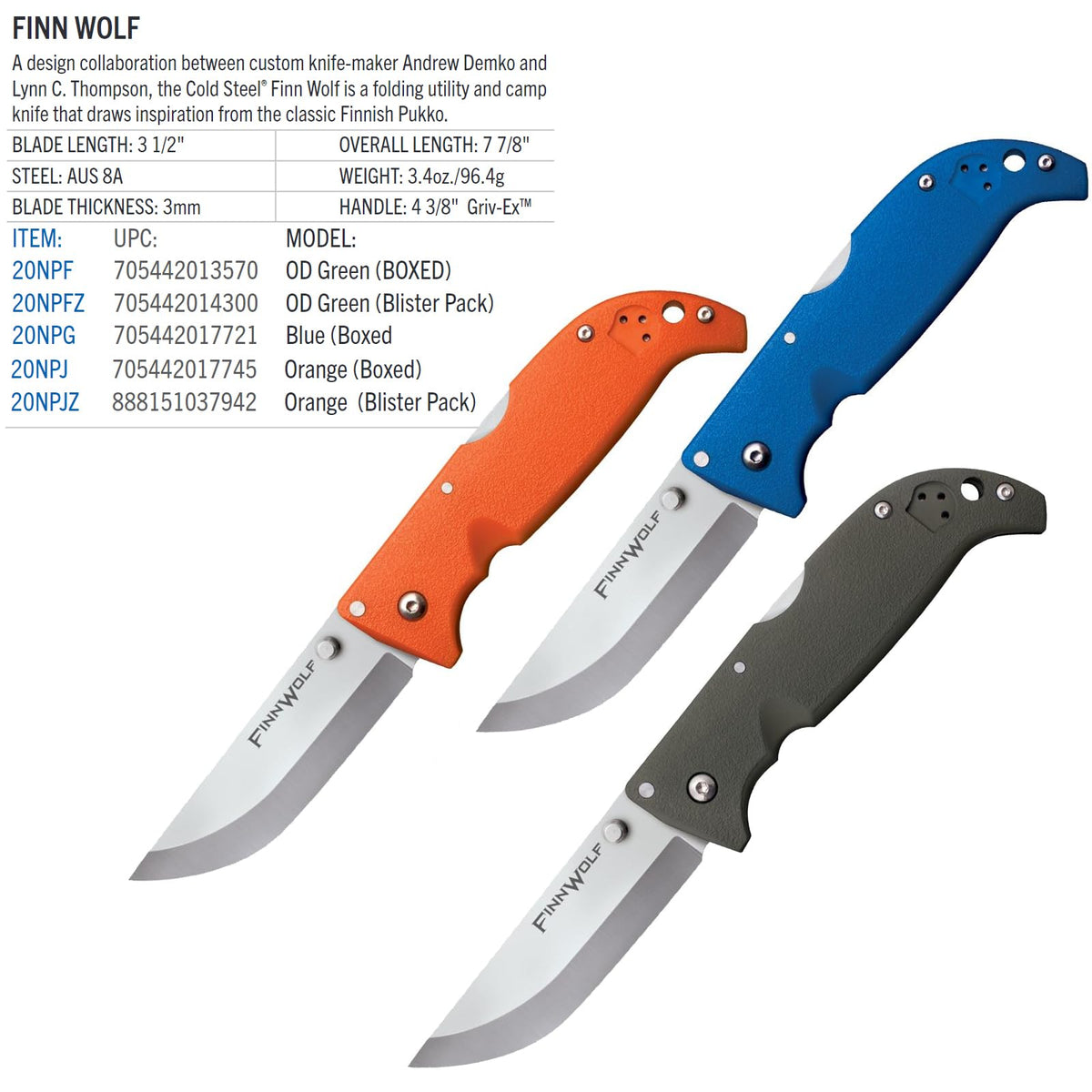 Cuchillo Plegable de Caza con Mango Verde Griv-Ex OD de 3.5 Pulgadas, AUS8A, de Acero frío, de 4.3 Pulgadas, AUS8A, en Caja