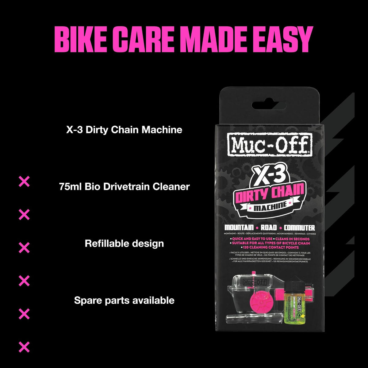 Muc-Off X-3 Máquina de Limpieza de Cadena de Bicicleta con Botella de Limpiador de 75 ml, Amarillo, 277US