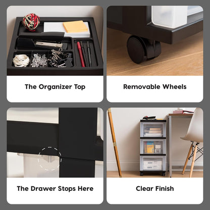 IRIS USA Carrito Organizador con Ruedas de 3 Cajones, Negro/Transparente | Organiza manualidades, artículos de oficina, salón y accesorios con cajones de fácil acceso para uso diario