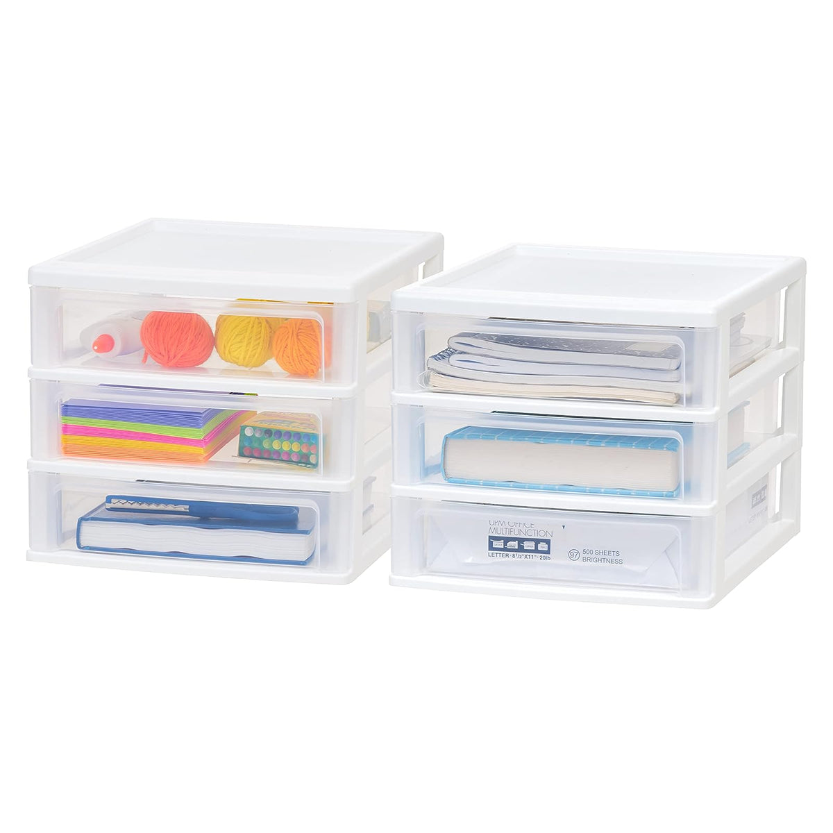 IRIS USA Paquete de 2 Organizadores de 3 Cajones Medianos, Blanco | Organiza artículos de oficina, papelería, maquillaje, manualidades y esenciales diarios en el escritorio