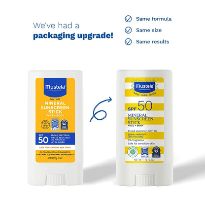 Mustela Protector Solar Mineral SPF 50 Stick 0.6 oz | Para cara y cuerpo, ingredientes 70% orgánicos, ultra transparente, resistente al agua, sin fragancia