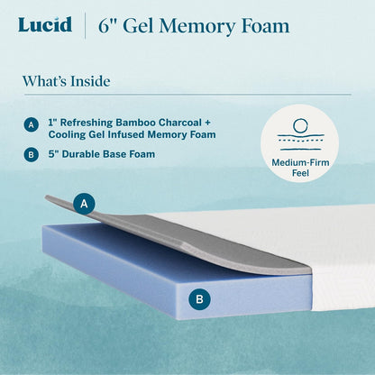LUCID Colchón de Espuma viscoelástica de 6 Pulgadas, sensación Firme, infusión de Gel, Espuma viscoelástica con infusión de carbón de bambú, Transpirable, Certificado CertiPur - Individual