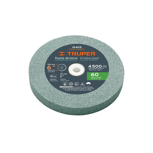 Truper PIES-63460T, Piedra para esmeril, carburo de silicio 6", grano 60, espesor 3/4", barreno 1"