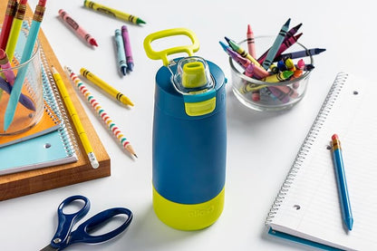 Ello Kids Colby Botella de agua aislada de acero inoxidable de 12 onzas con popote y posavasos de silicona integrados, asa de transporte y tapa de bloqueo a prueba de fugas para mochila escolar,